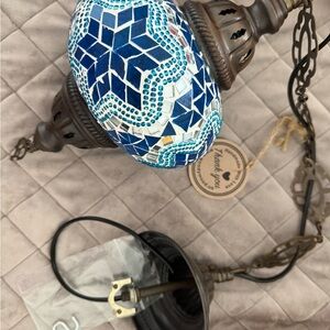 Handmade Turkish Hanging Lamp with Blue Glass Accents